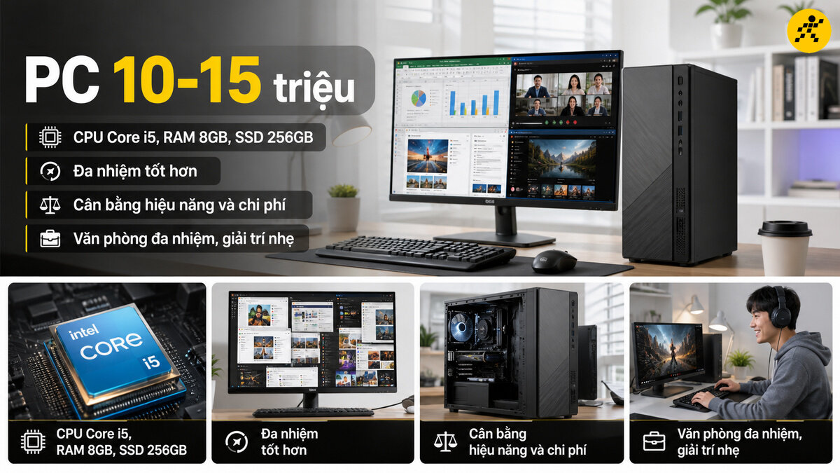 Máy tính để bàn tầm trung phân khúc 10 đến 15 triệu đồng cho học tập và văn phòng đa nhiệm