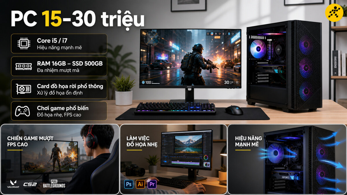 Máy tính để bàn cận cao cấp từ 15 đến 30 triệu đồng phục vụ thiết kế và chơi game mượt mà