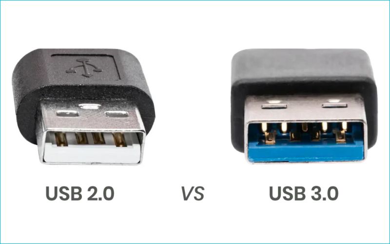 Cổng USB 2.0 có lõi màu đen/trắng, còn USB 3.0 thường có lõi xanh dương đặc trưng