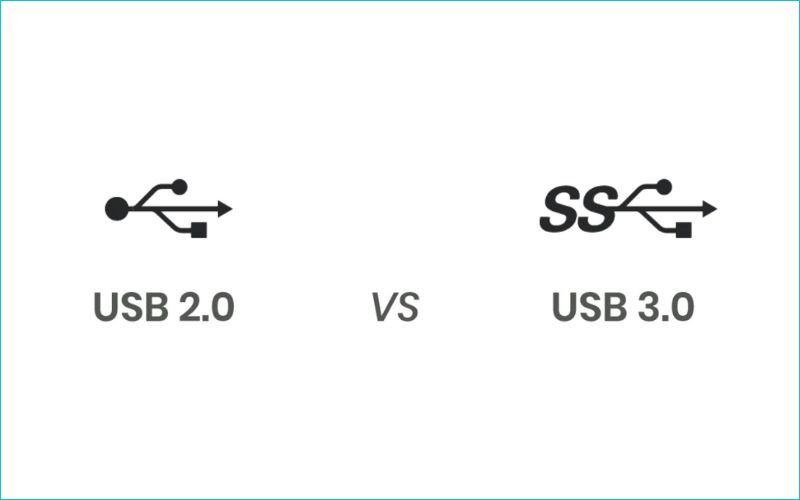 USB 2.0 chỉ có biểu tượng chuẩn, trong khi USB 3.0 sẽ có thêm chữ SS (SuperSpeed)