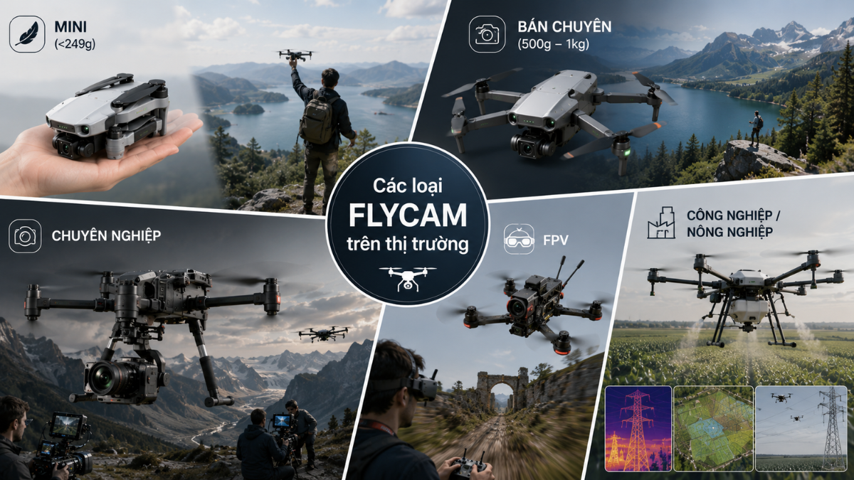 Các loại flycam phổ biến trên thị trường gồm dòng mini, bán chuyên, chuyên nghiệp, FPV và flycam nông nghiệp công nghiệp