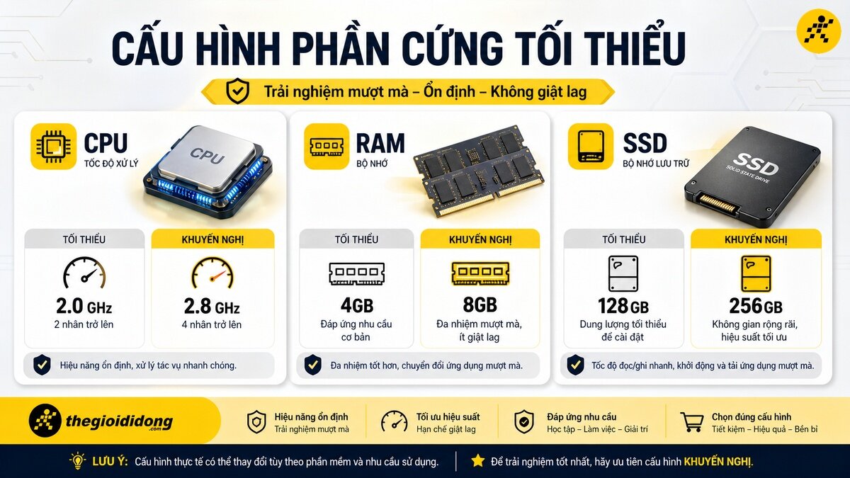 Bảng so sánh cấu hình phần cứng tối thiểu và khuyến nghị cho CPU, RAM, SSD giúp hệ thống hoạt động mượt mà. Sơ đồ hiển thị chi tiết thông số đề xuất cho từng loại linh kiện.