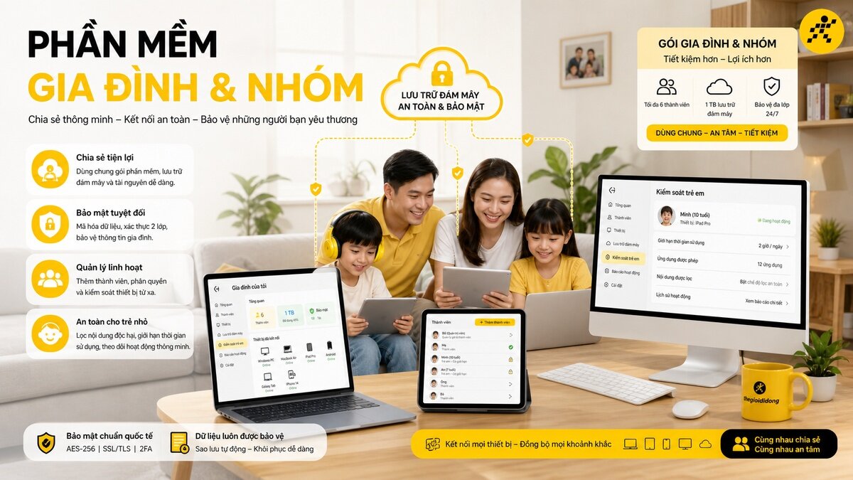 Gia đình gồm cha mẹ và hai con đang tương tác với laptop, máy tính bảng và màn hình máy tính để bàn, hiển thị giao diện phần mềm quản lý và bảo mật cho gia đình. Các biểu tượng và chú thích về lưu trữ đám mây an toàn, chia sẻ tiện lợi, và kiểm soát trẻ em cũng được trình bày trên hình.