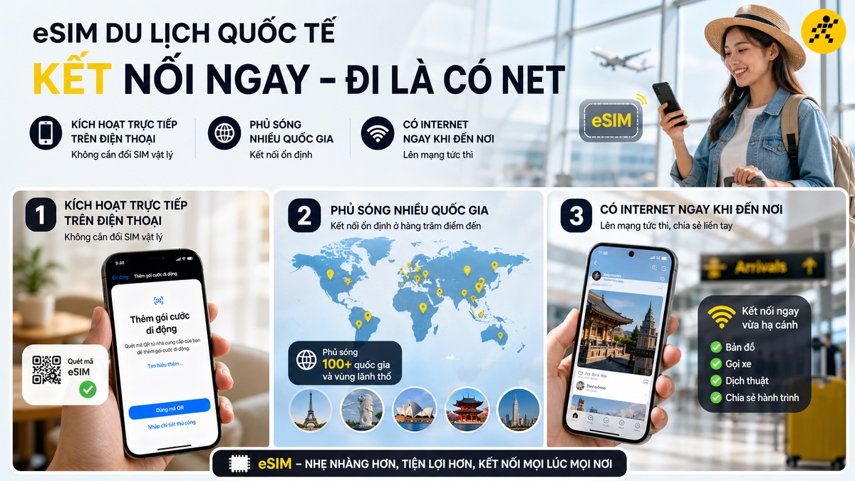 Người phụ nữ tại sân bay kích hoạt eSIM du lịch trên điện thoại, hiển thị bản đồ các quốc gia được hỗ trợ