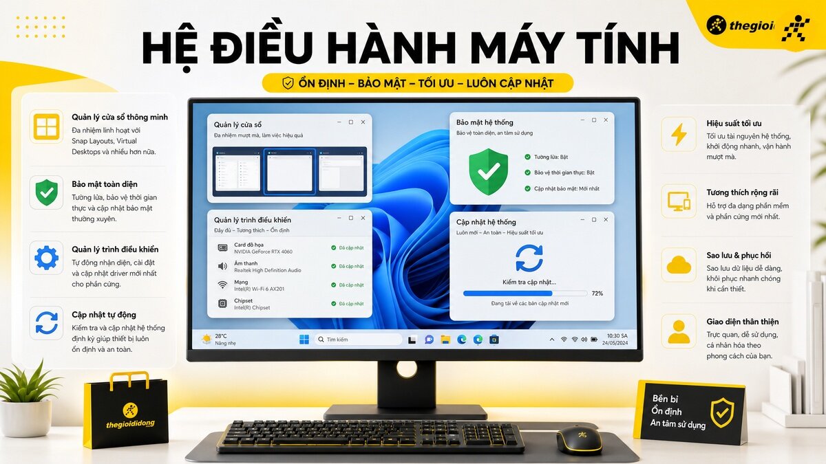 Màn hình máy tính hiển thị giao diện Windows 11 với các tính năng quản lý cửa sổ, bảo mật, driver và cập nhật hệ thống, đặt trên bàn làm việc cùng bàn phím, chuột và các phụ kiện.