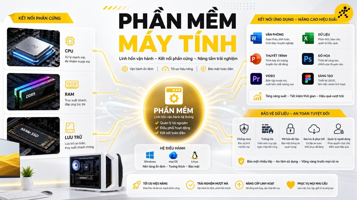 Sơ đồ infographic minh họa phần mềm máy tính, bao gồm các thành phần phần cứng như CPU, RAM, ổ cứng SSD, cùng với các ứng dụng phổ biến, hệ điều hành Windows, macOS, Linux và các giải pháp bảo mật dữ liệu.
