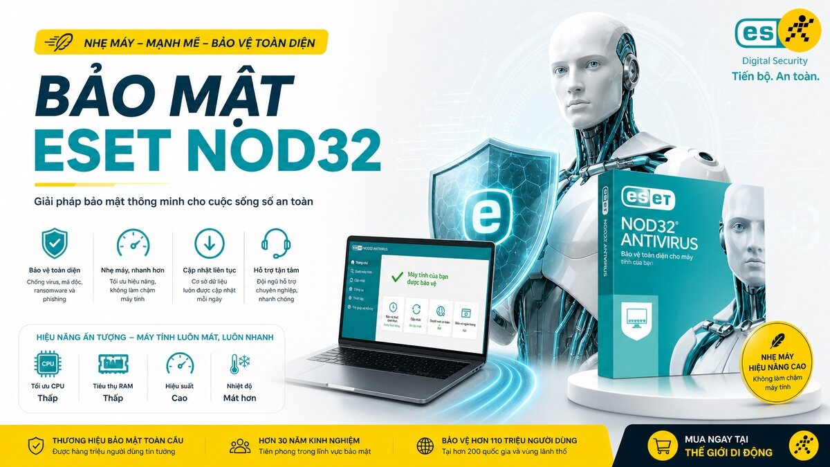 Quảng cáo phần mềm diệt virus ESET NOD32 với robot hình người, lá chắn kỹ thuật số, laptop hiển thị giao diện phần mềm và hộp sản phẩm ESET NOD32 Antivirus màu xanh dương.