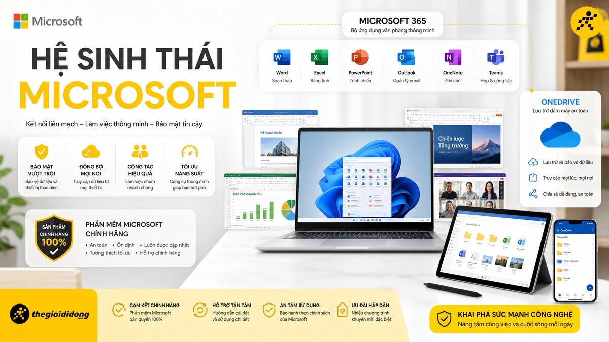 Giao diện hệ sinh thái Microsoft hiển thị trên laptop, tablet và điện thoại, cùng với các ứng dụng Microsoft 365 như Word, Excel, Outlook, Teams và dịch vụ lưu trữ đám mây OneDrive