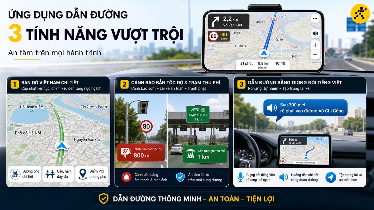 Giao diện ứng dụng định vị dẫn đường Vietmap trên điện thoại gắn trên xe hơi, hiển thị bản đồ và cảnh báo tốc độ
