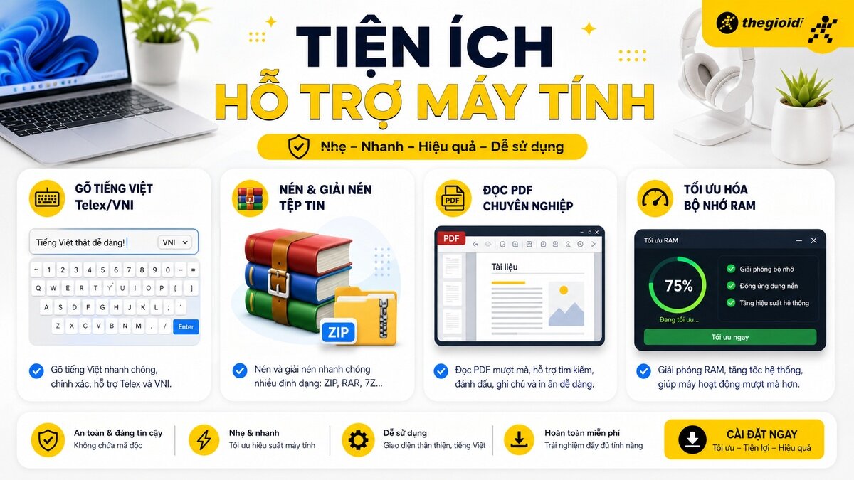 Giao diện phần mềm tiện ích hỗ trợ máy tính với các tính năng gõ tiếng Việt, nén giải nén tệp tin, đọc PDF và tối ưu hóa RAM, đặt trên bàn làm việc cùng laptop và tai nghe.