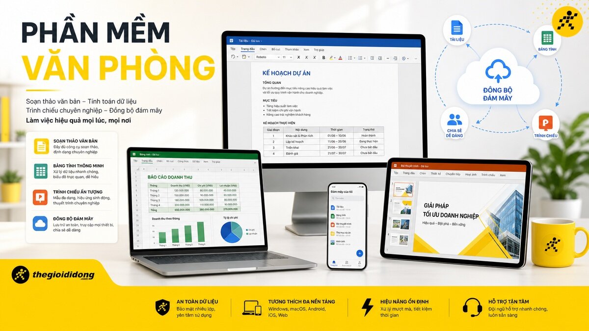Màn hình máy tính để bàn, laptop, máy tính bảng và điện thoại hiển thị các ứng dụng văn phòng như soạn thảo văn bản, bảng tính, trình chiếu, cùng các biểu tượng đám mây và tính năng phần mềm.