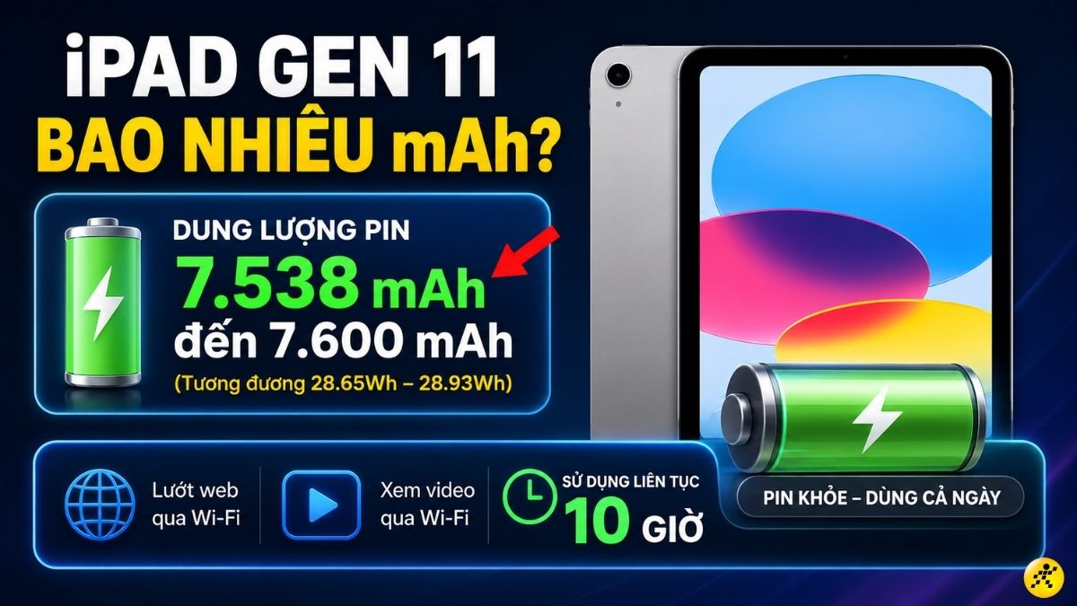 iPad Gen 11 c&oacute; dung lượng pin khoảng 7.538 mAh - 7.600 mAh