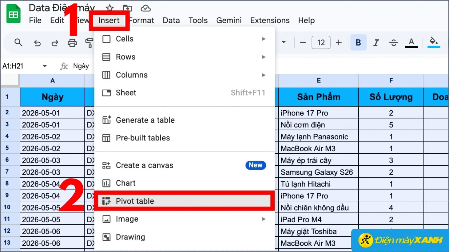 Thêm Pivot Table dựa trên vùng dữ liệu đã chọn Cách tạo Pivot Table cơ bản