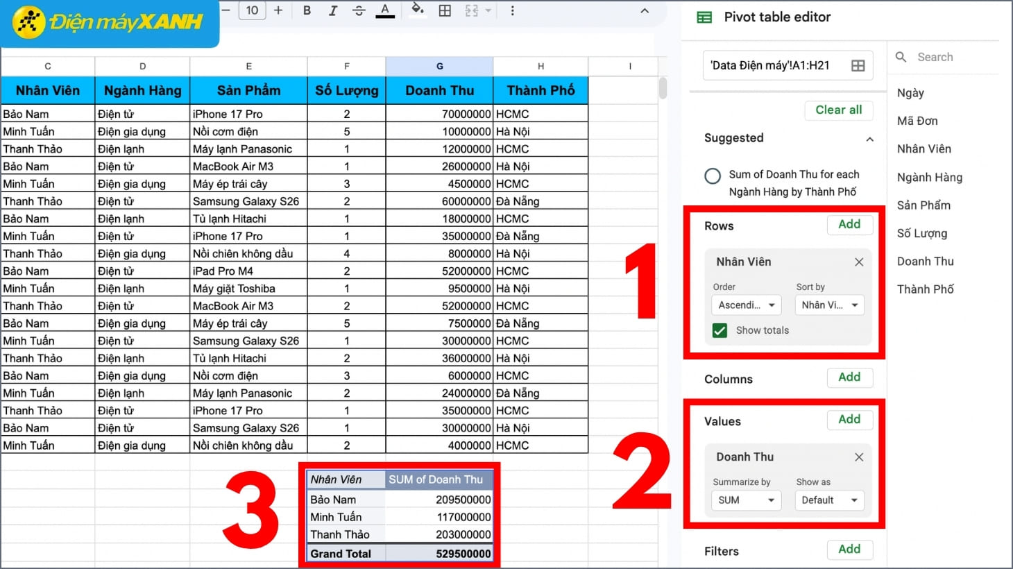 Xuất bản Pivot Table để xem doanh thu của từng nhân viên Cách tạo Pivot Table trên Google Sheet