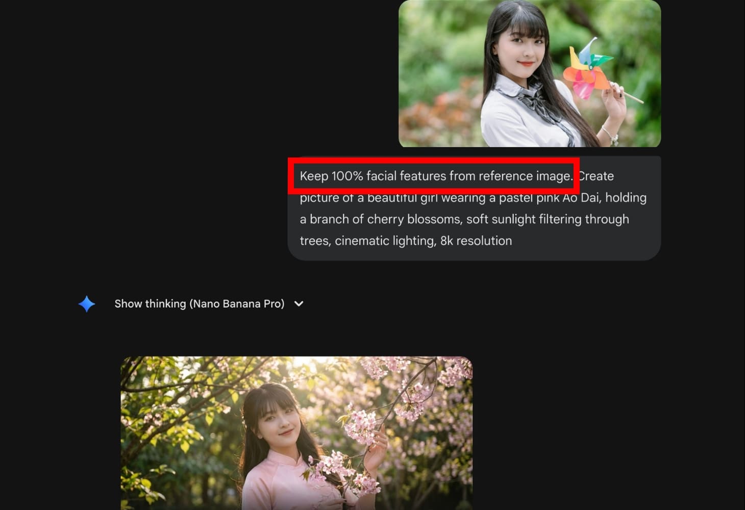 Nhập câu lệnh vào Gemini, yêu cầu AI giữ lại khuôn mặt theo ảnh tải lên
