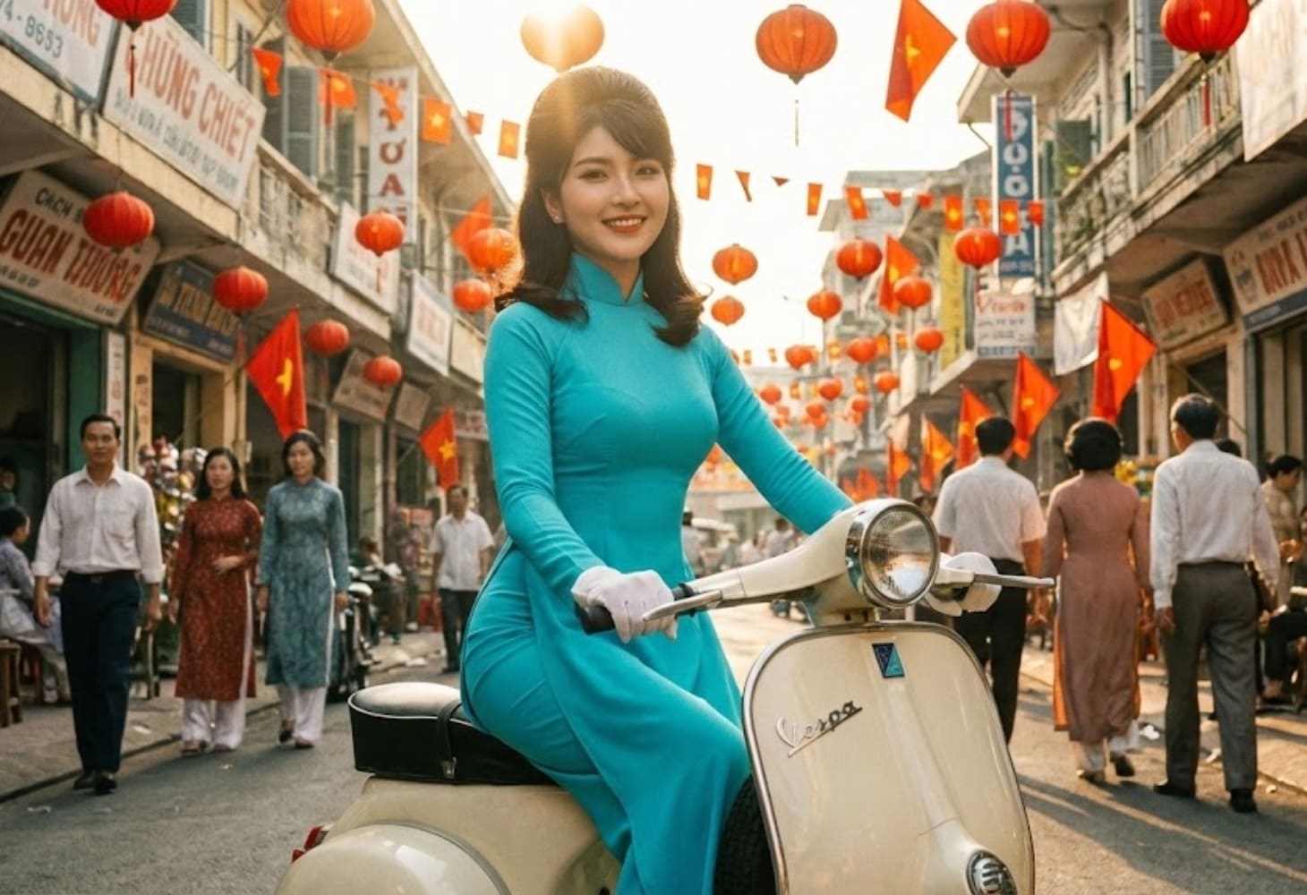 Cô gái trong phong cách áo dài xưa, tạo dáng bên chiếc Vespa