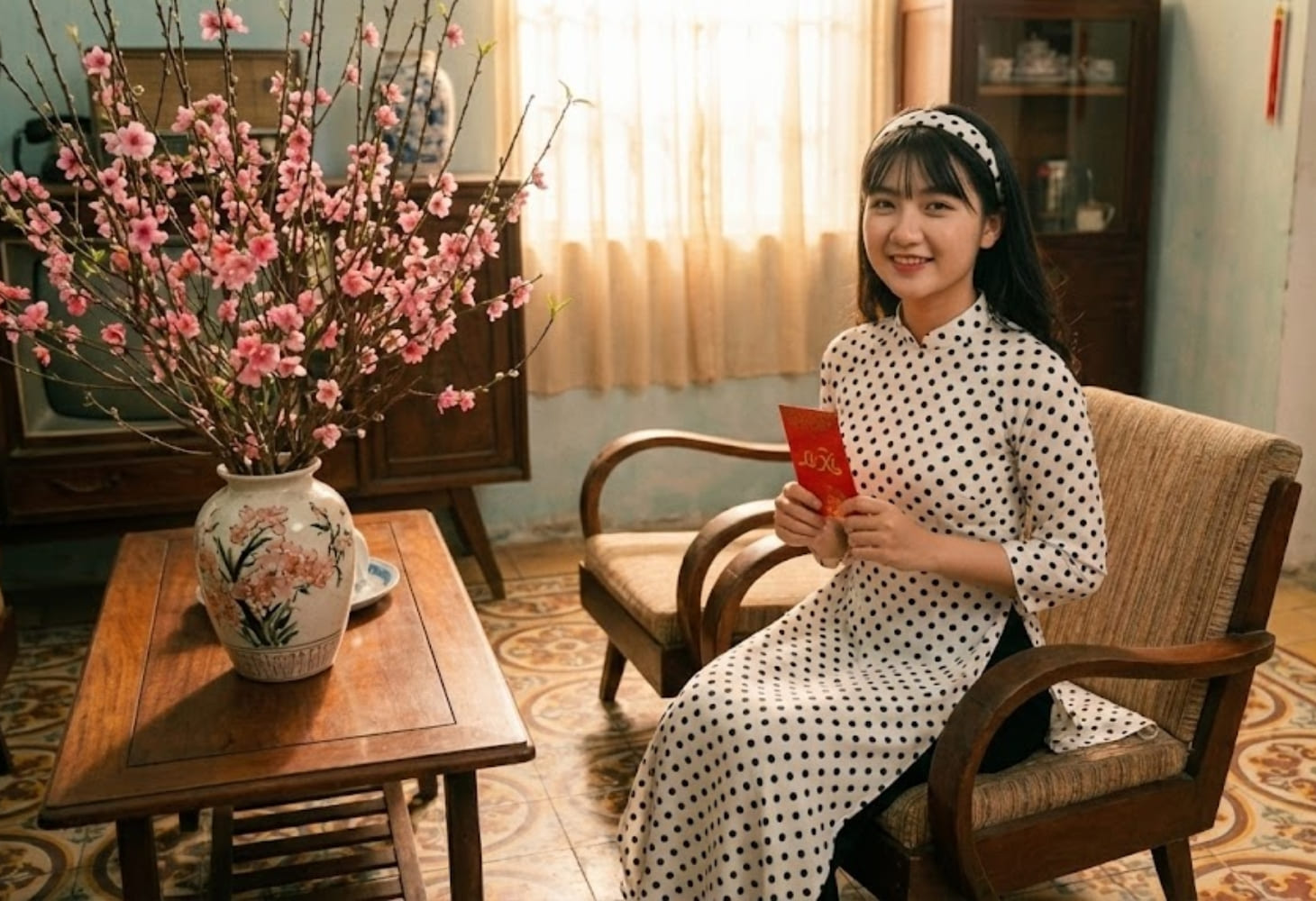 Cô gái mặc áo dài phong cách xưa, cầm bao lì xì ngày Tết