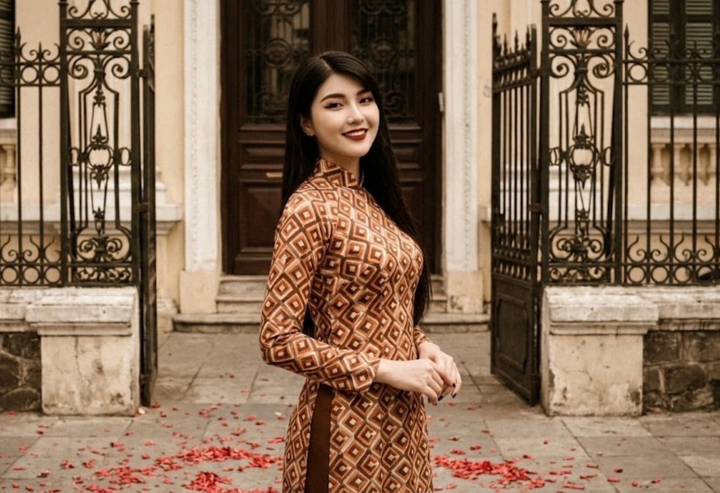 Cô gái chụp ảnh phong cách xưa, đứng trước cổng kiến trúc Pháp