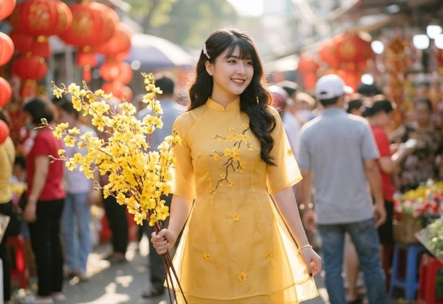 Cô gái mặc áo dài cách tân, đứng giữa chợ xuân