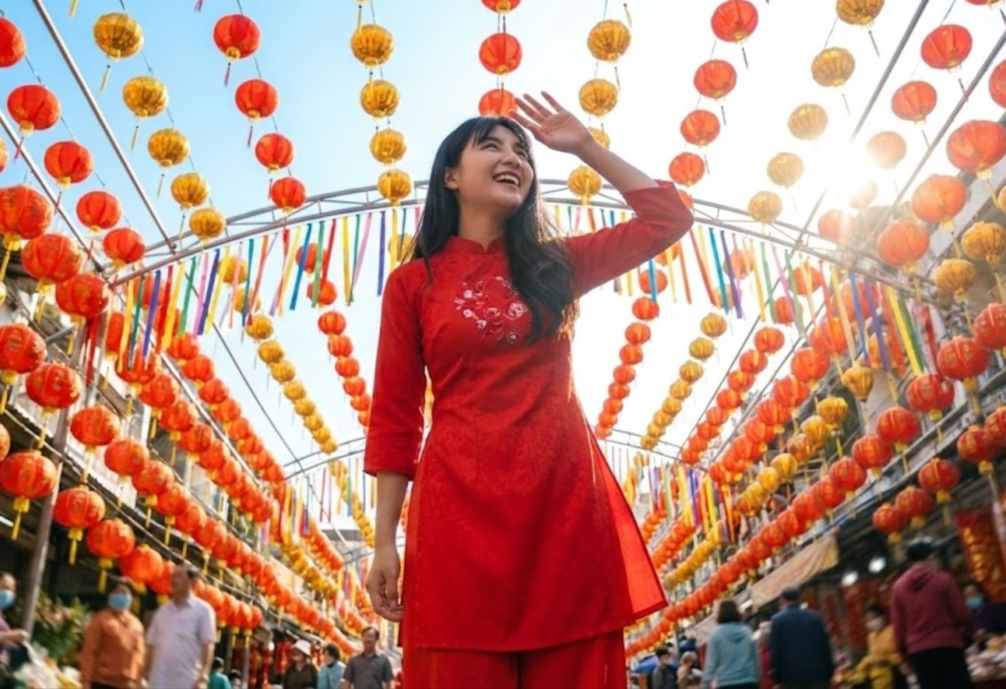 Cô gái mặc áo dài đỏ đứng dưới lồng đèn chợ Tết