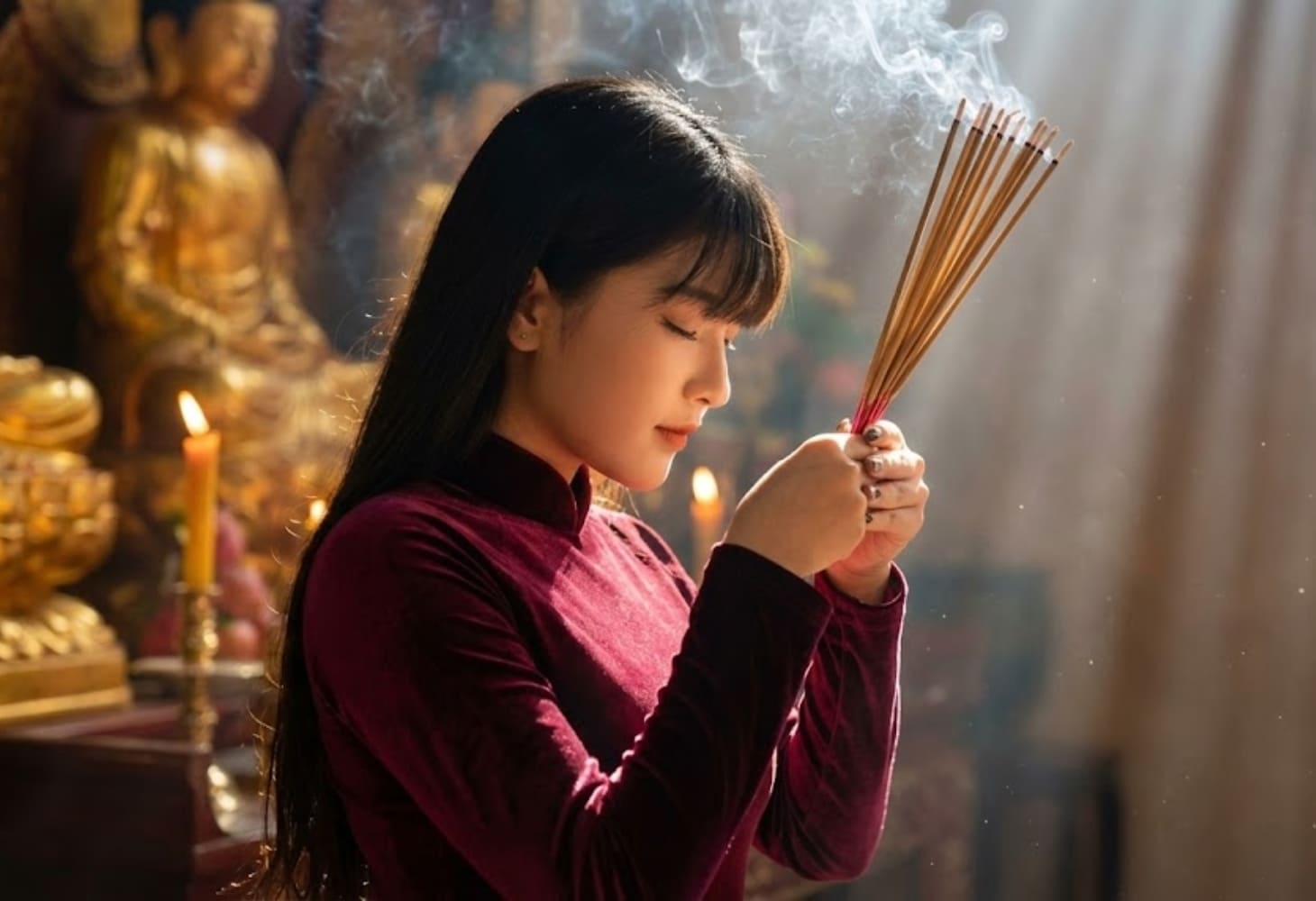 Cô gái thắp hương cúng lễ trong áo dài ngày Tết