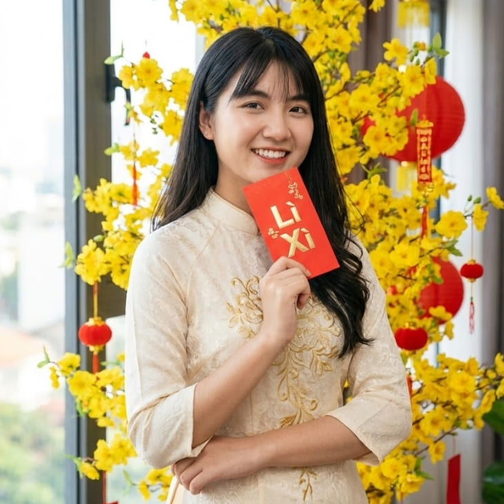 Cô gái cầm bao tiền lì xì cười tươi