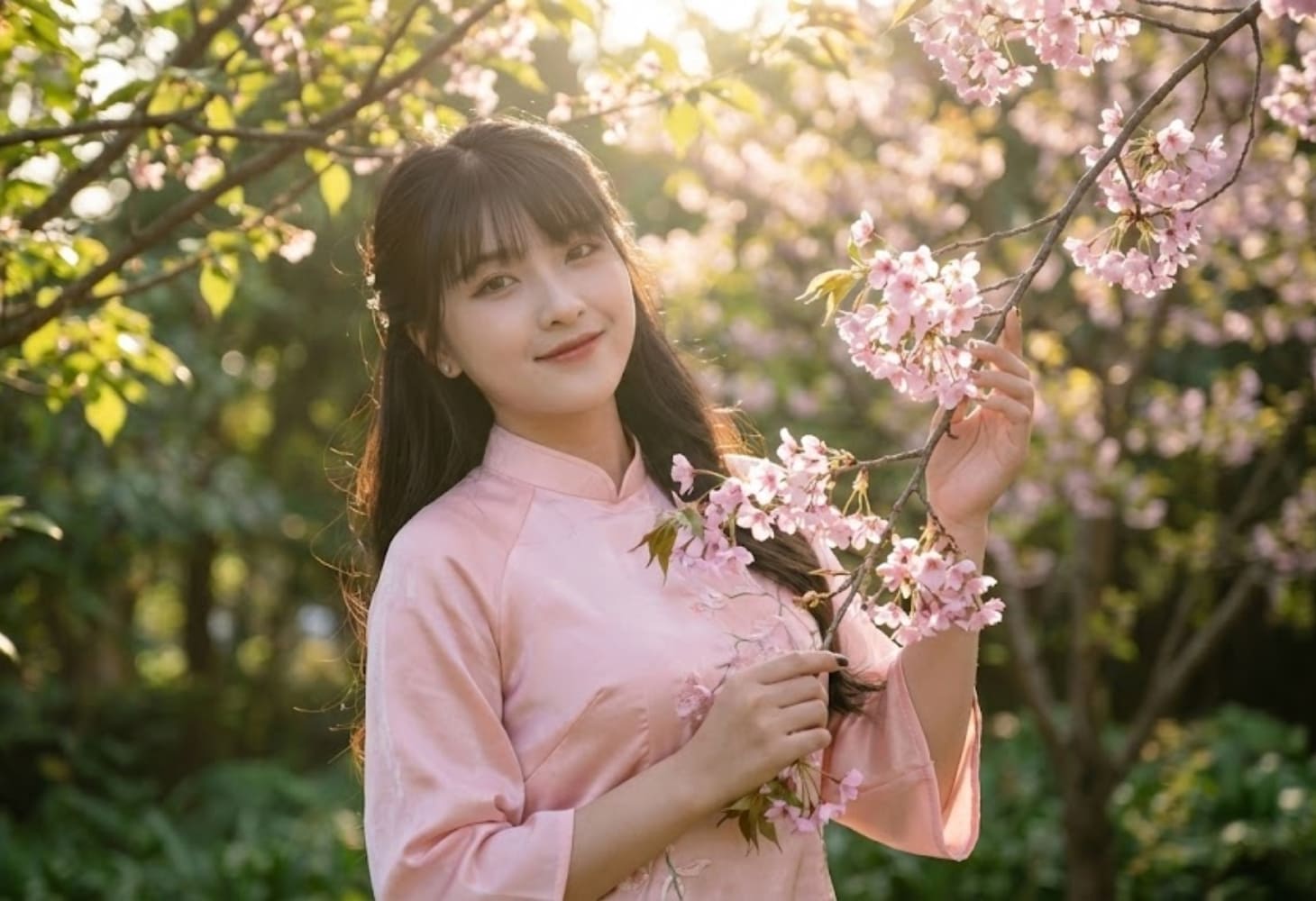 Cô gái mặc áo dài Tết bên cành hoa đào