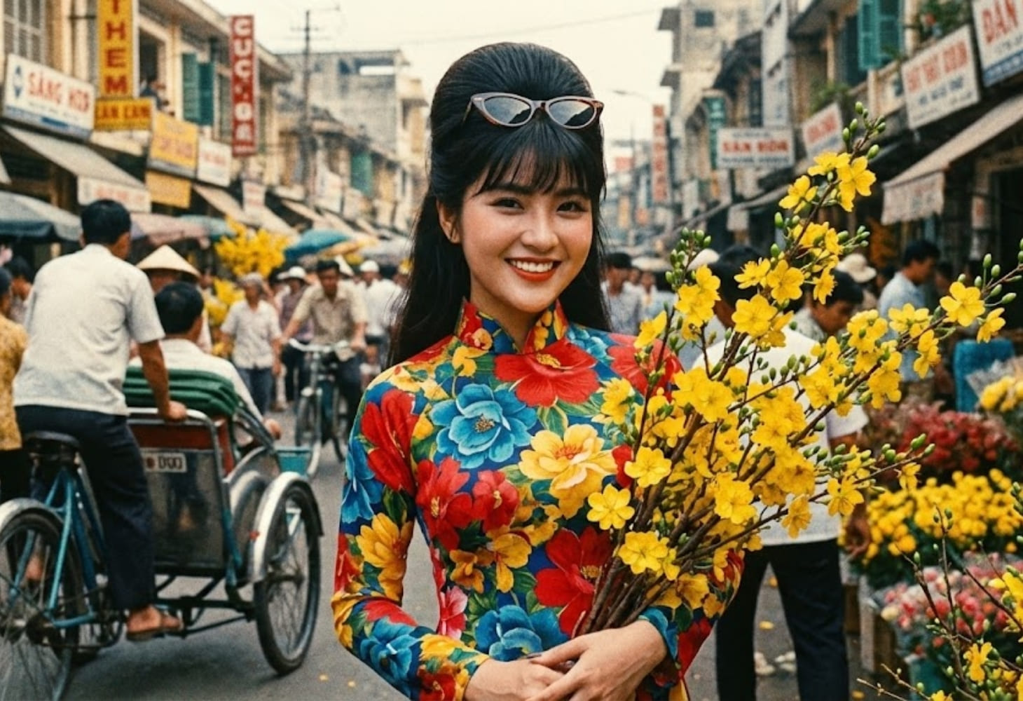 Cô gái mặc áo dài phong cách Retro cầm cành mai mùa xuân