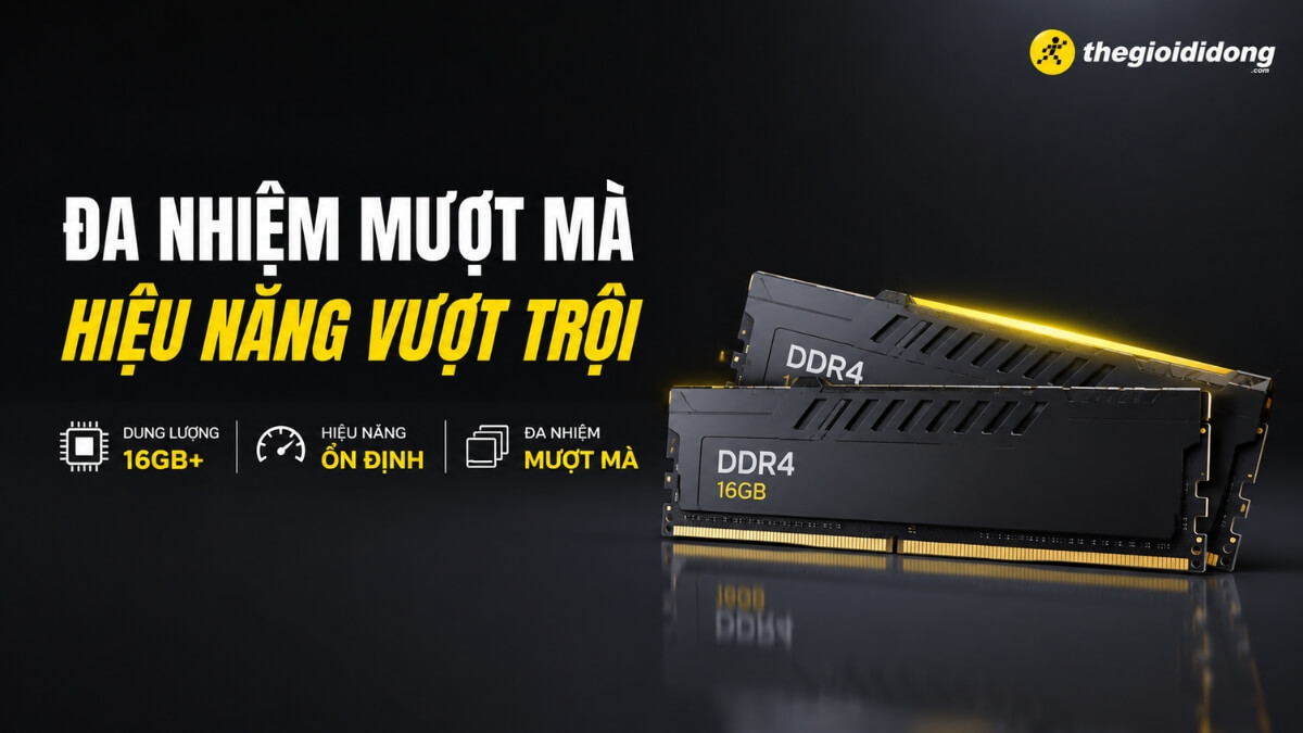 Hình ảnh quảng cáo hai thanh RAM DDR4 màu đen với điểm nhấn dải đèn vàng rực rỡ, đặt trên nền tối hiện đại. Phía bên trái, thông điệp chính 'ĐA NHIỆM MƯỢT MÀ' bằng chữ trắng và 'HIỆU NĂNG VƯỢT TRỘI' bằng chữ vàng nổi bật. Ba biểu tượng nhỏ phía dưới minh họa các lợi ích: 'DUNG LƯỢNG 16GB+', 'HIỆU NĂNG ỔN ĐỊNH' và 'ĐA NHIỆM MƯỢT MÀ'. Logo 'thegioididong.com' ở góc trên bên phải. Chi tiết 'DDR4 16GB' hiển thị rõ trên một thanh RAM, khẳng định dung lượng và loại bộ nhớ.