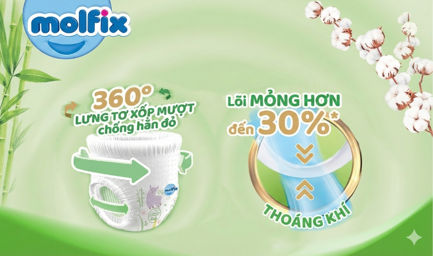 Tã Molifx thiên nhiên với lưng chun 360 độ giúp bé thoải mái vận động