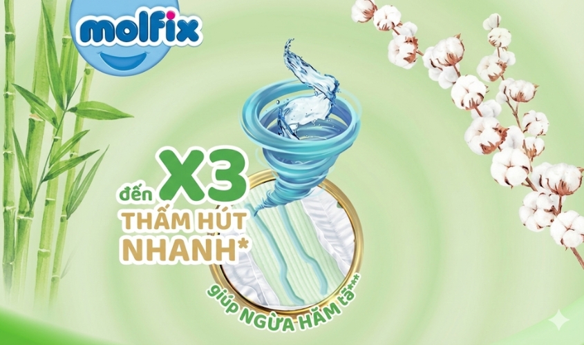 Tã Molfix thiên nhiên giúp thấm hút nhanh hơn đến 3 lần so với tã thông thường