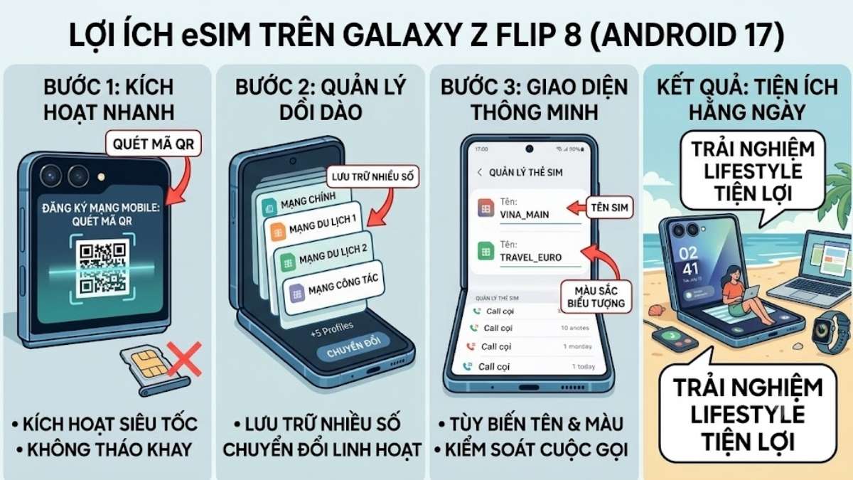 Những lợi &iacute;ch từ c&ocirc;ng nghệ eSIM tr&ecirc;n Galaxy Z Flip 8