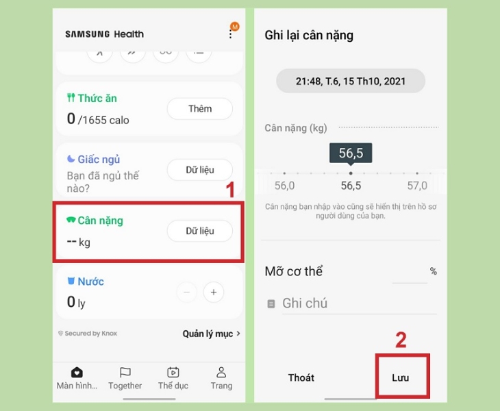Chọn mục Cân nặng, nhập số cân hiện tại