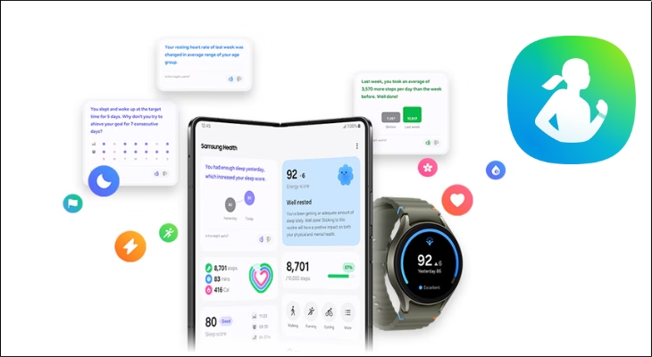 Samsung Health giúp bạn theo dõi hoạt động thể chất, giấc ngủ, dinh dưỡng và nhiều chỉ số sức khỏe khác