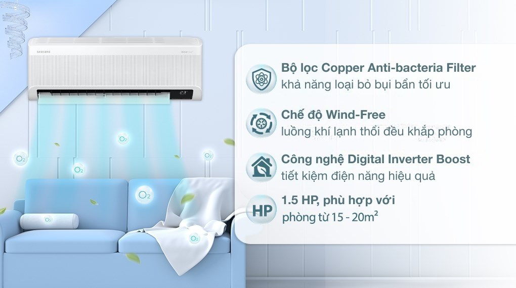 Máy lạnh Samsung Wind-Free 1.5 HP AR13CYFAAWKNSV kết nối WiFi điều khiển thông minh