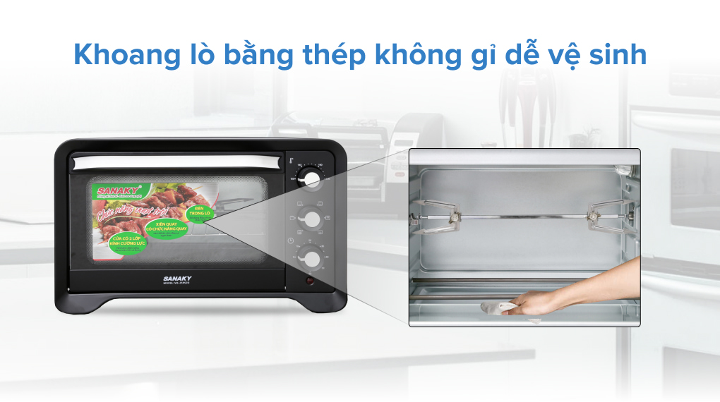 Lò nướng Sanaky làm từ thép không gỉ và kính cường lực, dễ dàng vệ sinh