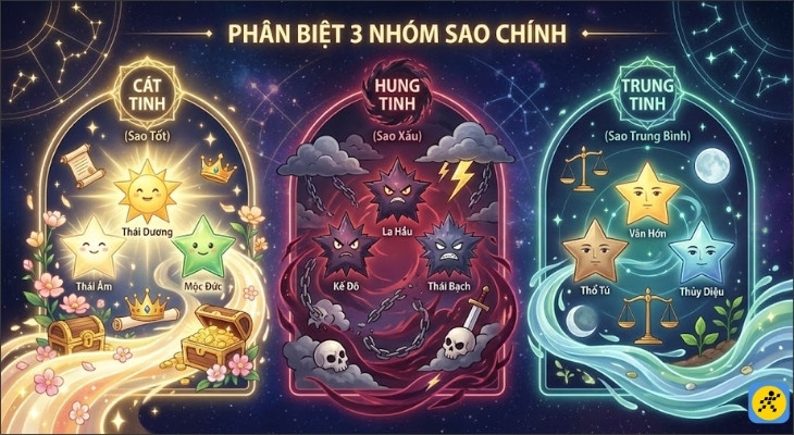 Hệ thống Cửu Diệu được chia thành 3 nhóm với mức độ ảnh hưởng tốt-xấu khác nhau Hệ thống Cửu Diệu được chia thành 3 nhóm với mức độ ảnh hưởng tốt-xấu khác nhau