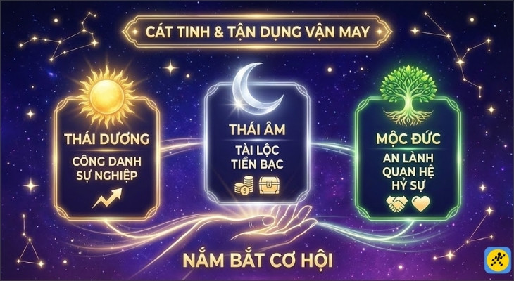 Khi được các sao tốt như Thái Dương, Thái Âm, Mộc Đức chiếu mệnh, bạn nên chủ động nắm bắt cơ hội để phát triển Khi được các sao tốt như Thái Dương, Thái Âm, Mộc Đức chiếu mệnh, bạn nên chủ động nắm bắt cơ hội để phát triển