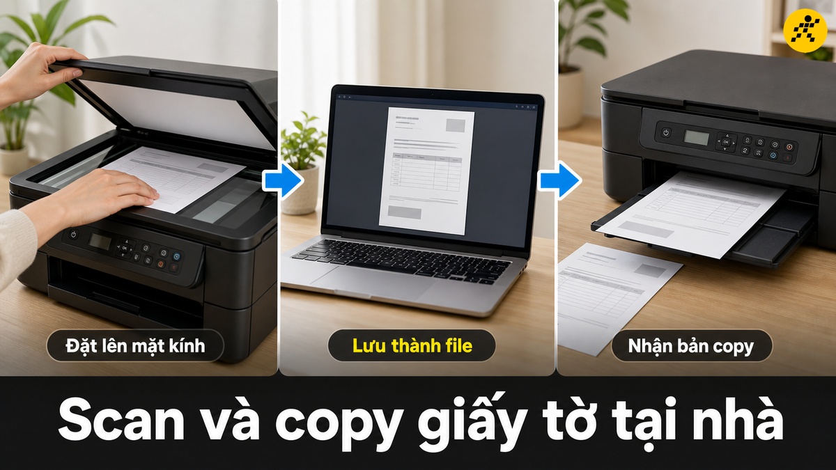 Scan và copy giấy tờ tại nhà Đặt giấy tờ lên mặt kính scan của máy in đa năng để lưu thành file và copy