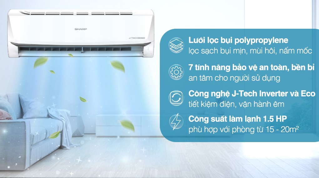 Máy lạnh Sharp Inverter 1.5 HP AH-X13ZEW thiết kế hiện đại, làm mát hiệu quả cho không gian phòng từ 15 - 20m²