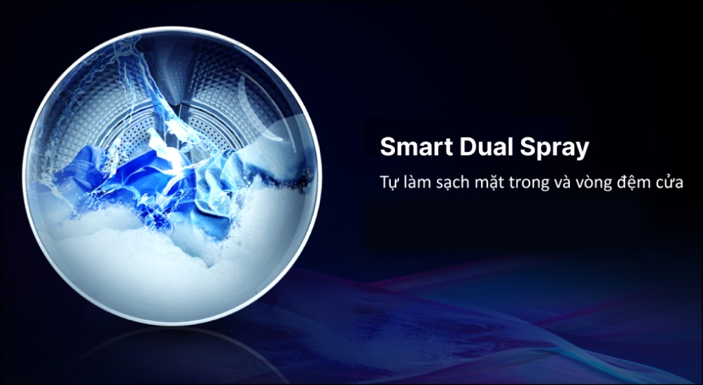 Công nghệ giặt Smart Dual Spray của máy giặt Aqua là hệ thống tự động làm sạch mặt trong cửa và vòng đệm cửa