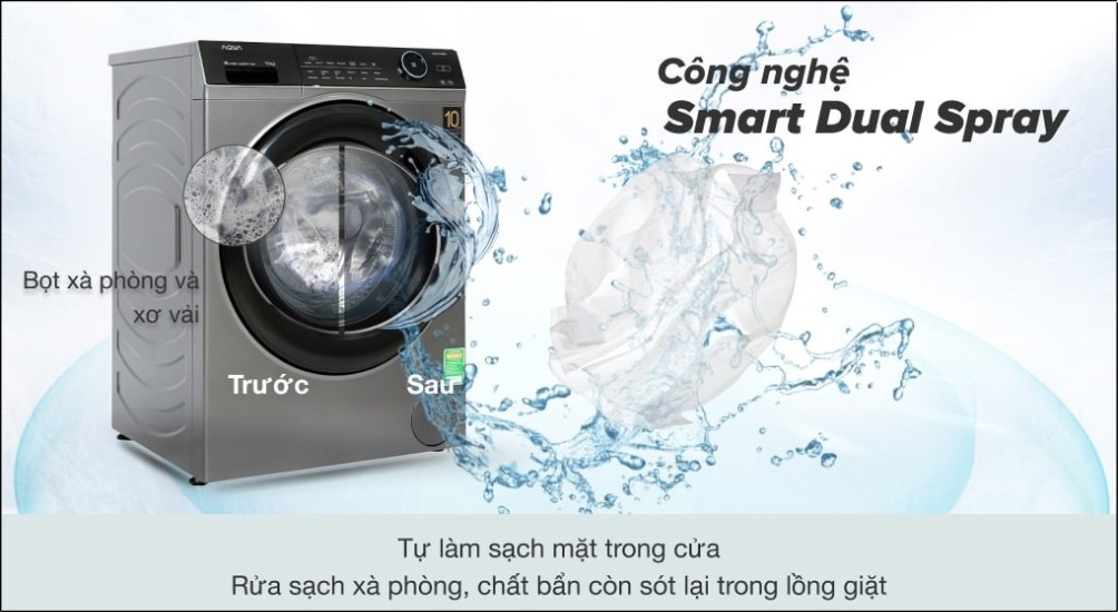 Công nghệ Smart Dual Spray giúp loại bỏ triệt để vi khuẩn trên quần áo, đồng thời làm sạch bên trong lồng giặt sau mỗi chu trình
