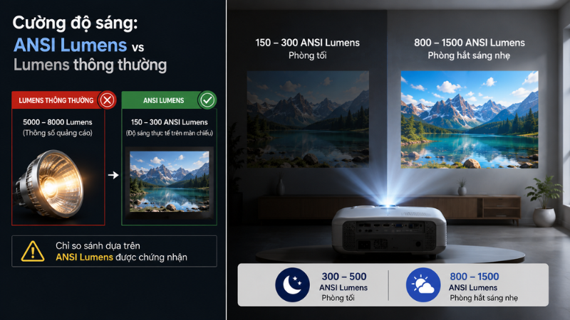 So sánh ANSI Lumens và Lumens trên máy chiếu