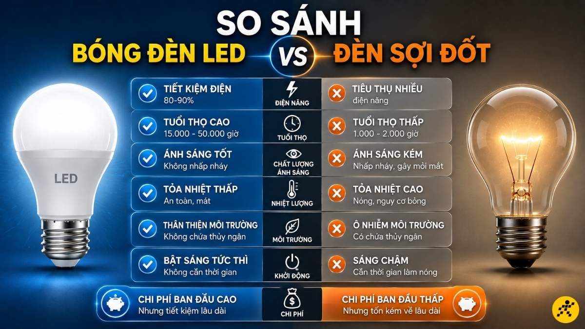 So sánh bóng đèn LED với đèn sợi đốt