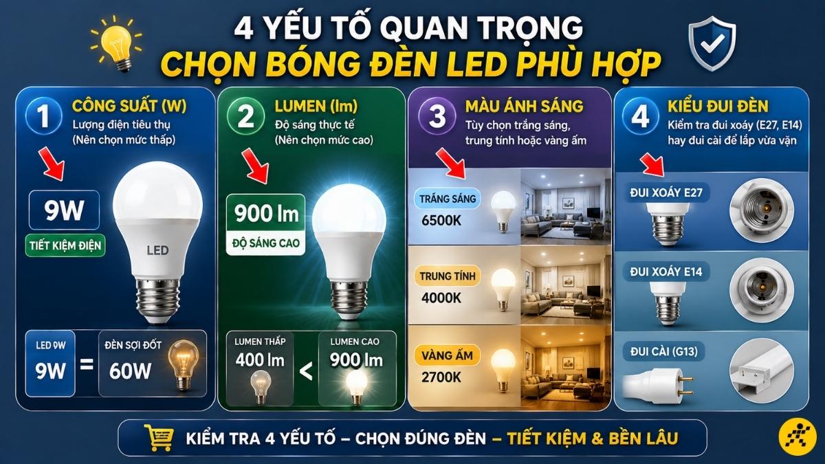 4 yếu tố quan trọng khi chọn mua bóng đèn