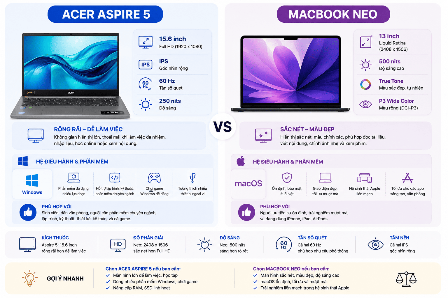 So sánh màn hình và hệ điều hành Acer Aspire 5 và MacBook Neo So sánh màn hình và hệ điều hành Acer Aspire 5 và MacBook Neo