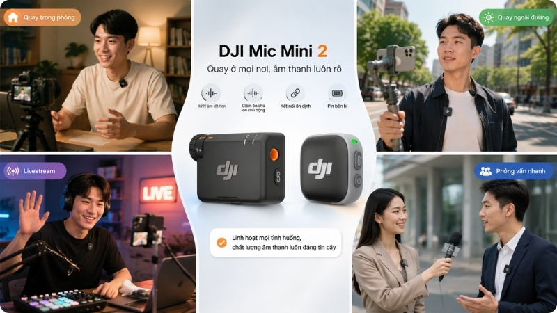 DJI Mic Mini 2 phù hợp với người thường xuyên quay ở nhiều môi trường khác nhau DJI Mic Mini 2 phù hợp với người thường xuyên quay ở nhiều môi trường khác nhau