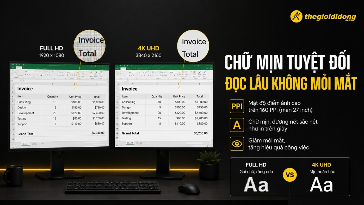 So sánh độ mịn của chữ giữa màn hình 4K và Full HD So sánh độ mịn của chữ giữa màn hình 4K và Full HD