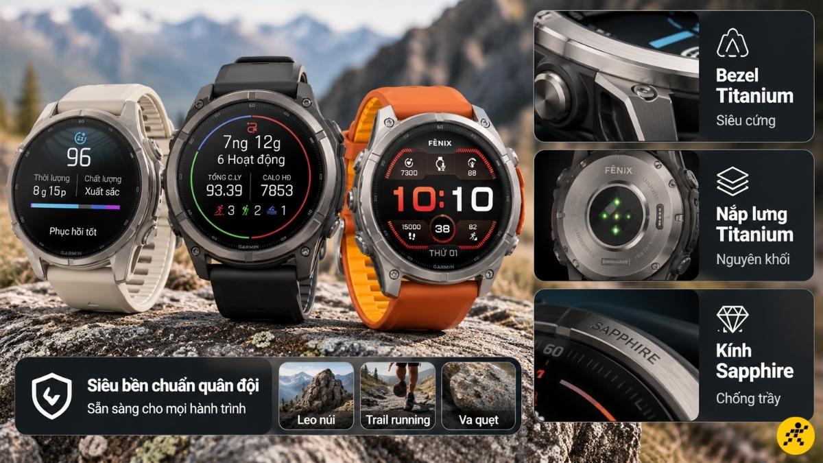 Toàn bộ các mẫu Fenix 9 đều sở hữu khung viền Bezel bằng Titanium Toàn bộ các mẫu Fenix 9 đều sở hữu khung viền Bezel bằng Titanium