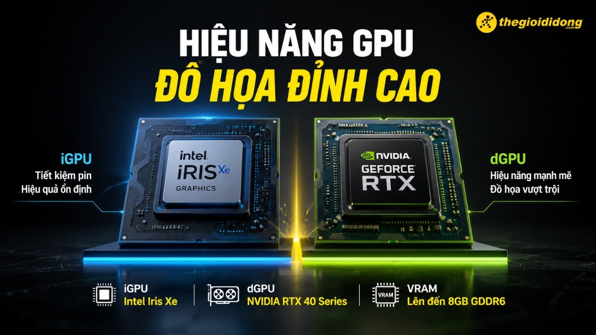 Hình ảnh minh họa so sánh hiệu năng giữa hai loại chip đồ họa: iGPU Intel Iris Xe và dGPU NVIDIA GeForce RTX 40 Series. Bên trái, chip iGPU Intel Iris Xe màu xanh dương, nhấn mạnh khả năng tiết kiệm pin và hiệu quả ổn định. Bên phải, chip dGPU NVIDIA GeForce RTX màu xanh lá, nổi bật với hiệu năng mạnh mẽ, đồ họa vượt trội và dung lượng VRAM lên đến 8GB GDDR6. Phía trên là dòng chữ 'HIỆU NĂNG GPU ĐỒ HỌA ĐỈNH CAO' và logo thegioididong.com.